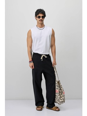 Vamos Bağcıklı Baggy Fit Keten Pantolon Siyah