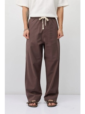 Vamos Bağcıklı Baggy Fit Keten Pantolon Kahve