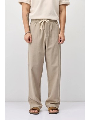 Vamos Bağcıklı Baggy Fit Keten Pantolon Bej