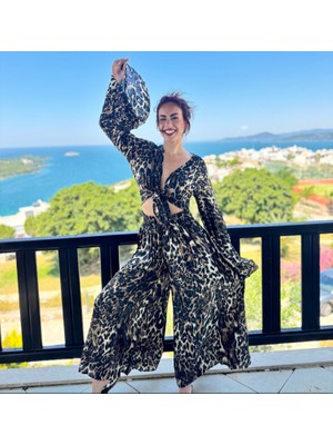 Leopar Desenli Ithal Bohem Ipek Pantolon Takım (34/48 Std)