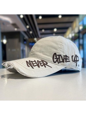 Valkyrie Unisex Krem Never Give Up Nakışlı Baseball Şapka Ayarlanabilir Vintage Streetwear Spor Kep
