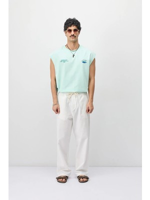 Vamos Bağcıklı Baggy Fit Keten Pantolon Ekru