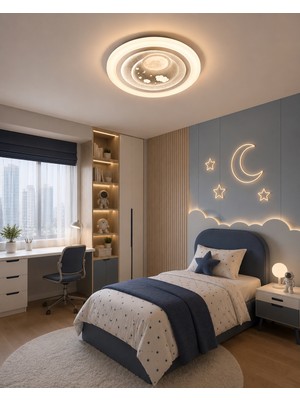 Dolunay Avize 🌙 Ay & Bulut Figürlü LED Çocuk Odası Tavan Avizesi – 40 cm | 3 Renk Işık