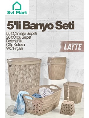 Novélune Çamaşır Sepeti: Banyo Seti, Deterjanlık, ve Fırça ile 5'li, Latte Krem Renk