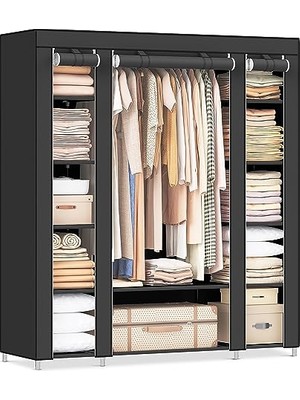 Frefly Store Songmıcs Gardırop, Kumaş Gardırop, Dokunmamış Kumaş Kapaklı, Elbise Askılı Katlanır Gardırop, 45 x 150 x 175 Cm, 12 Raf, Metal Çerçeve, Yatak Odası Için Gardırop, Siyah LSF03H