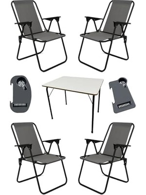 Frefly Store Litea 4 Adet Kamp Sandalyesi Katlanır Piknik Sandalye ve Bardaklık Gri + Katlanır Mdf Masa Gri Tek Ebat