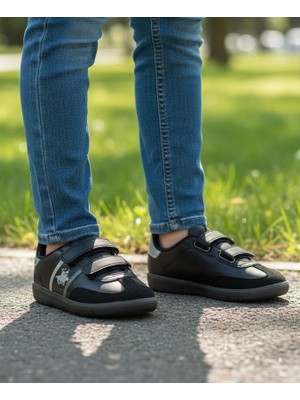 Mireva Unisex Cırtlı Hafif Esnek Rahat Tabanlı Çocuk Sneaker Spor Ayakkabı - Siyah