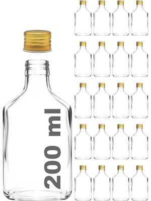 Frefly Store Afracam 200 ml Yassı Şeffaf Cold Brew Şişesi Altın Metal Kapaklı 200 cc Soğuk Kahve Cam Şişe 20 Adet