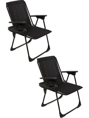 Frefly Store Natura 2 Adet Kamp Sandalyesi Katlanır Piknik Sandalye Oval Bardaklıklı Siyah Siyah Tek Ebat