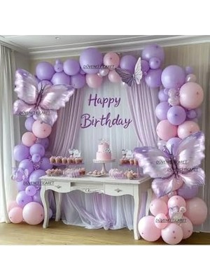 Frefly Store Makaron Lila Pembe Kelebek Folyo Balonlu Balon Zincir Set