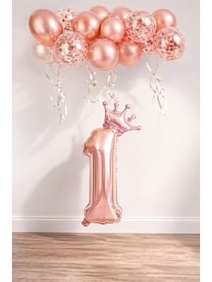 Frefly Store 1 Rakam Rose Gold Folyo Balon, Kral Tacı ve Konfetili Rose Gold Balon