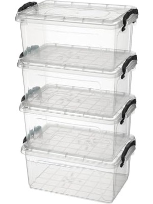 Frefly Store Fit Organizer Şeffaf Saklama Kabı Seti, Kapaklı, Mandallı, 5 Lt, 31X20X14 Cm, 4 Adet (4, Şeffaf, 5 Litre)