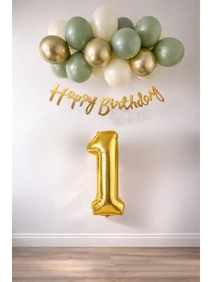 Frefly Store 1 Yaş Küf Yeşili, Deniz Kumu ve Krom Gold Balonlu Konsept Doğum Günü Seti