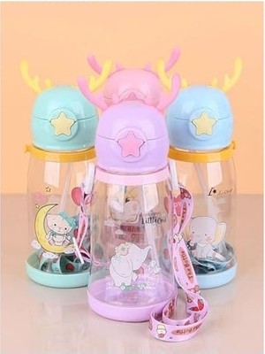 Frefly Store Su Matarası Çocuk Matarası Geyik Figürlü Pipetli 700 ml Askılı Çocuk Suluk Gıda Sınıfı Plastik Kapaklı Sızdırmaz Matara Okul Spor Seyahat (Bpa Içermez) (Mavi)