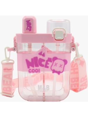 Frefly Store 650ML Çift Bölmeli Suluk - Damlatmaz, Ergonok Pipetli, Taşıma Kayışlı, Kırılmaz, Kolay Açılır Kapağıyla Okul, Ev, Araç ve Seyahat Için Uygun, Pratik ve Güvenli Su Matarası (Pembe)
