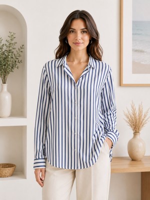 Stsahra  Kadın Beyaz Mavi Dikey Çizgili Gömlek