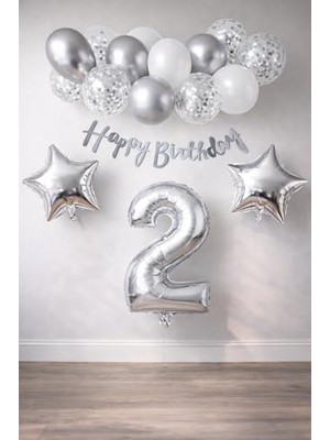 Frefly Store Gumus Konsept Dogum Gunu Kutlama Seti Beyaz Gumus Konfetili Balon Rakam Yıldız Folyo ve Banner (2 Yaş)