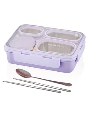 Frefly Store Vagonlife Bento 950ML Lunchbox Tek Katlı 4 Bölmeli Çelik Sefer Tası Yemek Kutusu (Mor)