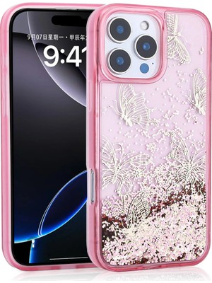 Ummeslem iPhone 16 Pro Uyumlu Kılıf Sıvılı Simli Kelebek Baskılı Şeffaf Arka Yüzey Glis Silikon Kapak