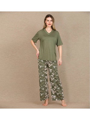 Çamaşır Kenti Şık Tasarım Çiçek Desenli Yeşil Kısa Kol Viskon Pijama Takımı