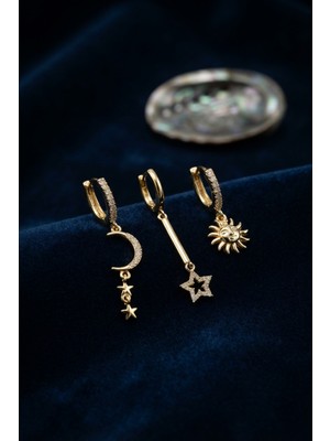 Getittir 3 Lü Set Ay Yıldız ve Güneş Model Gold Renk Kadın Küpe - Lisinya