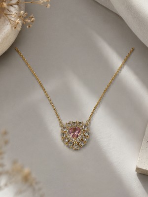Seyn Accessory Kadın Çelik Kararmaz Pembe Kalp Zirkon Taşlı Sallantılı Kolye