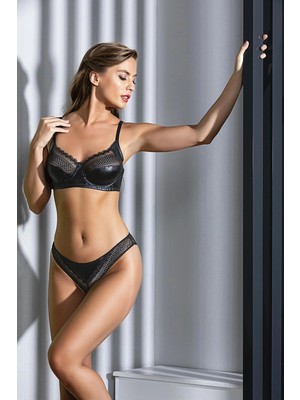 Çamaşır Kenti Deri, Dantel Detaylı, Desteksiz, Toparlayıcı Minimizer, Sütyen ve Slip Külot Takım Siyah