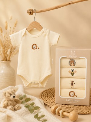 Baby Zuhu Organik Pamuk 4'lü Nakışlı Kısa Kol Bebek Zıbın Seti – Hediye Kutulu Body Seti