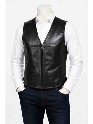 Moda Erkek Siyah Fermuarlı Hakiki Kuzu Derisinden Cepli Deri Yelek