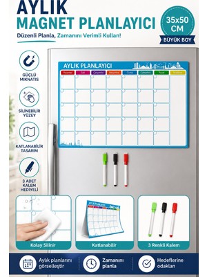 Hobialem 35X50 cm Haftalık Magnet Planlayıcı Katlanabilir Silinebilir Mıknatıslı Yazı Tahtası + 3 Kalem