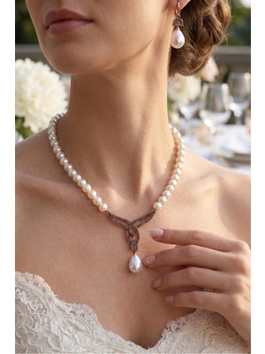 Fayra Accessories Zirkon Taşlı Mayorka Inci Tasarım Kolye ve Inci Küpe Seti