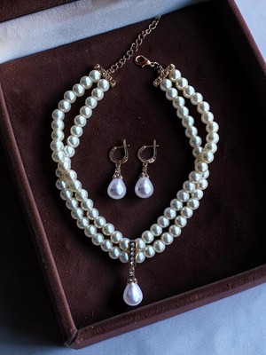 Fayra Accessories Zirkon Taşlı Tasma Choker Inci Kolye ve Inci Küpe Seti Düğün Nikah Kına
