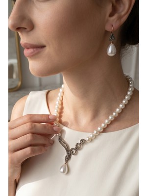 Fayra Accessories Zirkon Taşlı Tek Sıra Inci Kolye ve Inci Küpe Seti