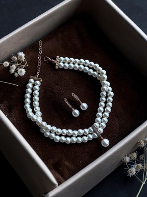 Fayra Accessories Zirkon Taşlı Tasma Choker Inci Kolye ve Inci Küpe Seti Düğün Nikah Kına