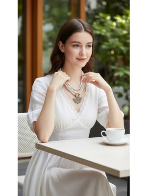 Fayra Accessories Zirkon Taşlı Kaburga 3 Sıra Inci Kolye