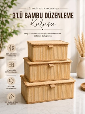 Ravéon Sepet Bambu Saklama Kutusu Seti, Kapaklı ve Çok Amaçlı Organizer