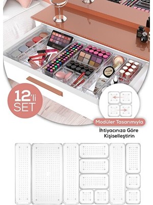 Ravéon Makyaj & Takı Organizeri 12'li Çekmece ve Dolap Içi Takı Düzenleyici - Çok Bölmeli Organizatör