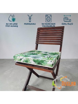 Düşler Ev Tekstili 40X40 Tropikal Palmiye Yeşil Yaprak Monstera Desenli Su ve Leke Itici Duck Kumaş Fermuarlı Bağcıklı Biyeli Sandalye Minderi 5 cm