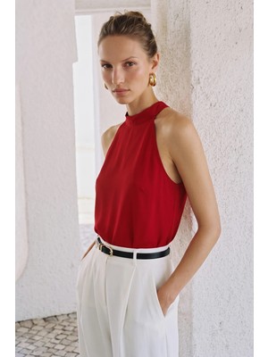 Sateen Halter Yaka Bluz - Kırmızı