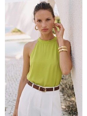 Sateen Halter Yaka Bluz - Yağ Yeşili