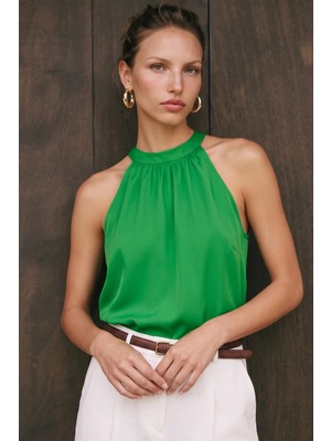 Sateen Halter Yaka Bluz - Yeşil