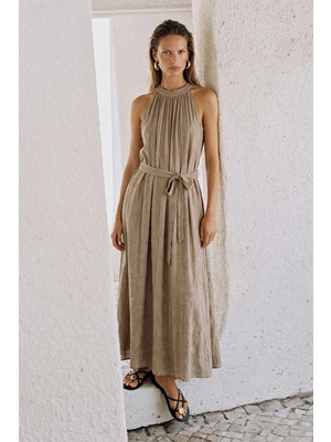 Sateen Kuşaklı Elbise - Camel