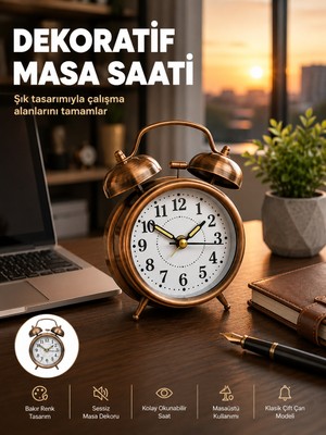 Azrlya Retro Tarz Bronz Dekoratif Masa Saati Metal Gövde Yüksek Sesli Alarm - Lisinya