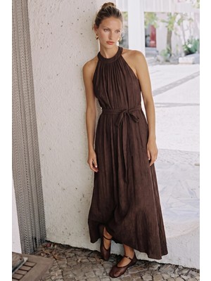 Sateen Kuşaklı Elbise - Kahve