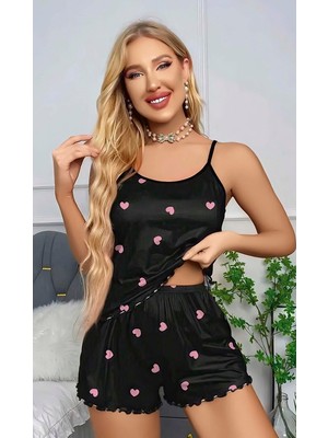 Ava Style Kadın Siyah Kalp Desenli Seksi Gecelik Takım 6660 Ava