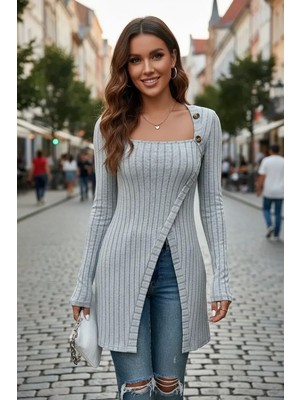 Ava Style Kadın Gri Düğme Detaylı Kare Yaka Fitilli Asimetrik Etekli Uzun Kollu Bluz Premium Stil Ava