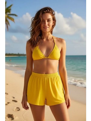 Ava Style Sarı Şortlu Bağlamalı Bikini Takımı Üçgen Kesim Ayarlanabilir Esnek Kumaş Kadın Mayo Seti