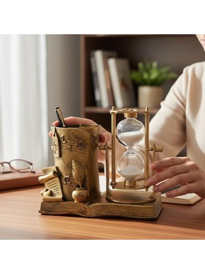 Keyfim Shop Dekoratif Kum Saatli Kalemlik – Vintage Müzik Desenli Masaüstü Organizer