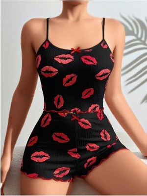 Ava Style Kadın Siyah Dudak Desenli Şortlu Pijama Takımı 5057 Ava