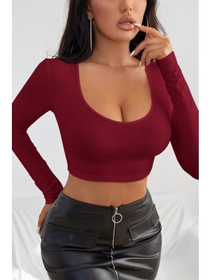 Ava Style Kadın Bordo Uzun Kol Kare Yaka Crop Top Bluz Ava